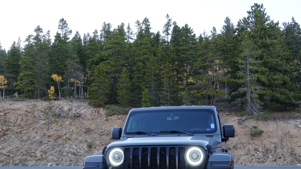 A parked black SUV in front of a dense evergreen forest, showcasing a rugged outdoor setting.